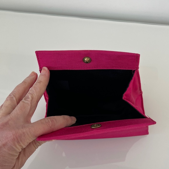 YSL Yves Saint Lauren Parfums Hot Pink Black Gold Grosgrain Clutch Authentic - Picture 9 of 12